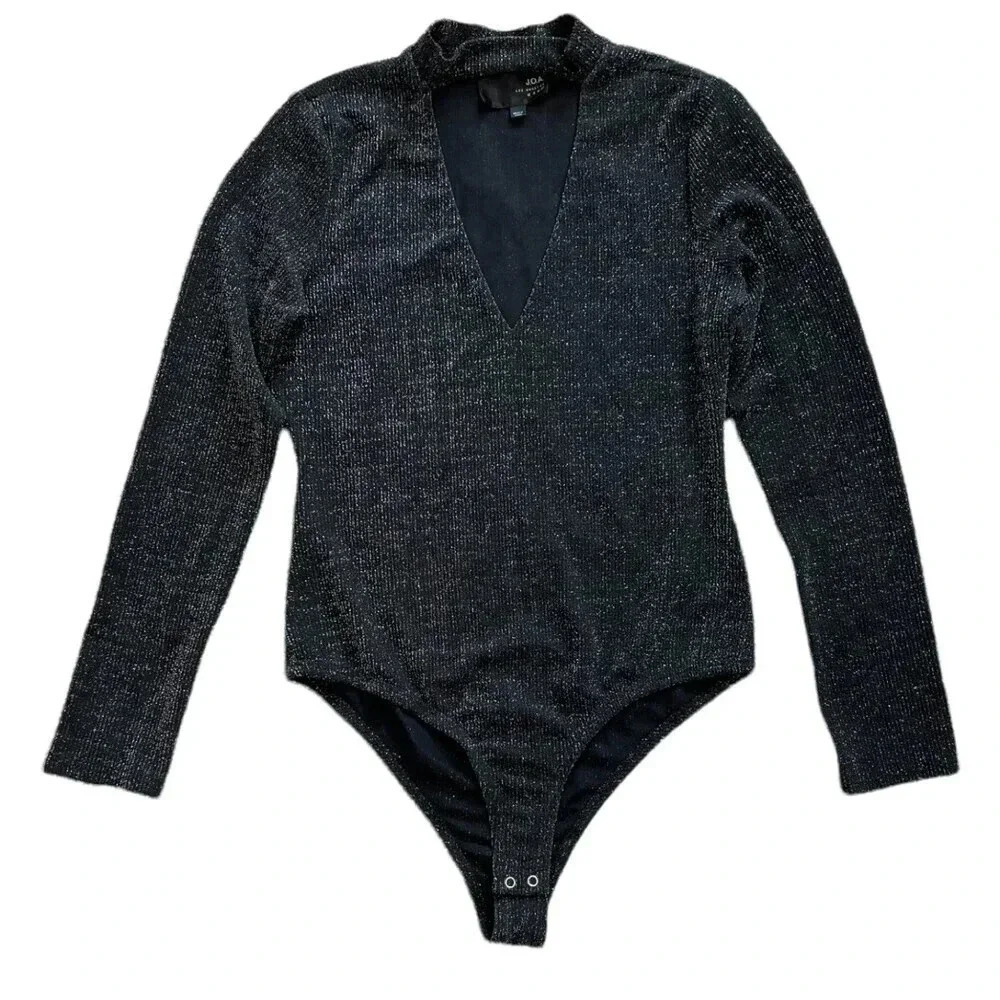 JOA Black Shimmer Keyhole Long Sleeve Bodysuit L